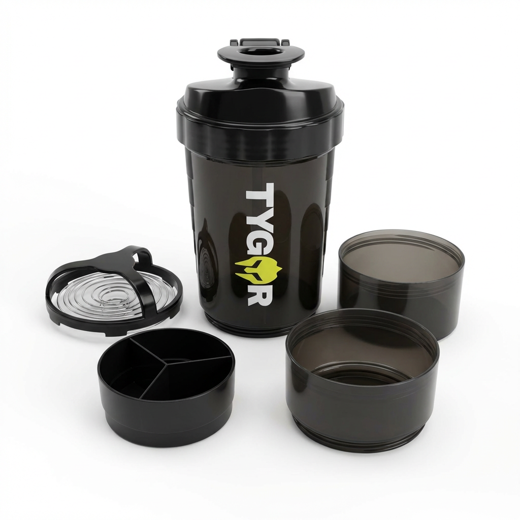 TYGOR BLEND™ - Shaker Sport 3-en-1 – Mélange Protéine, Compléments & Gélules